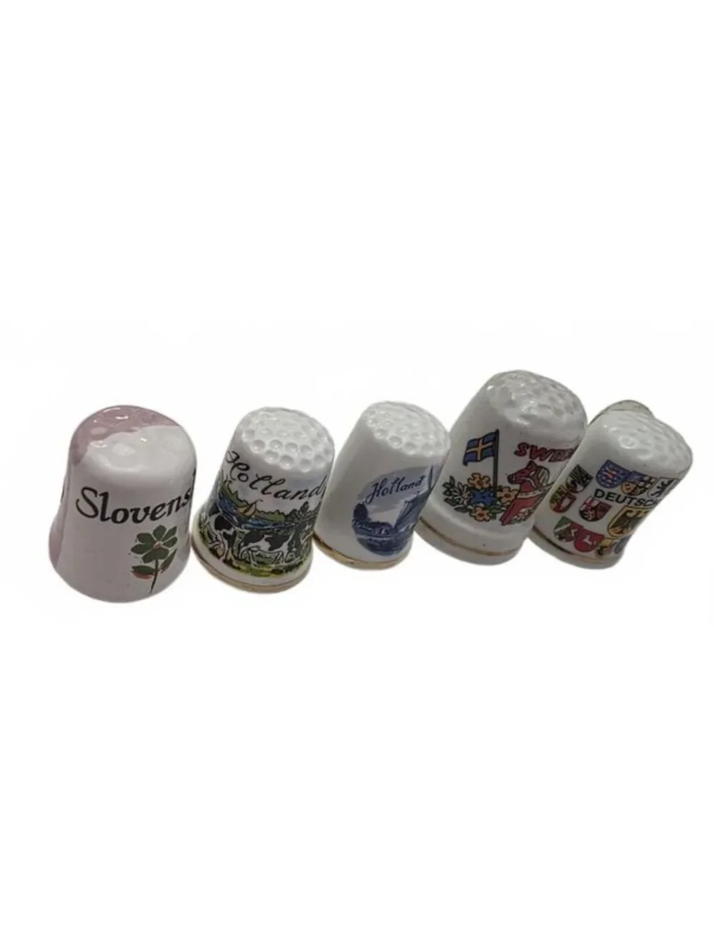 5 Vintage European Souvenir Porcelain Thimbles 2 With Cases